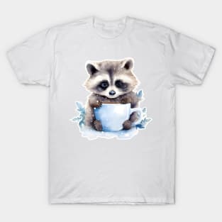 Blue eyes raccoon with a cup of coffee watercolor T-Shirt